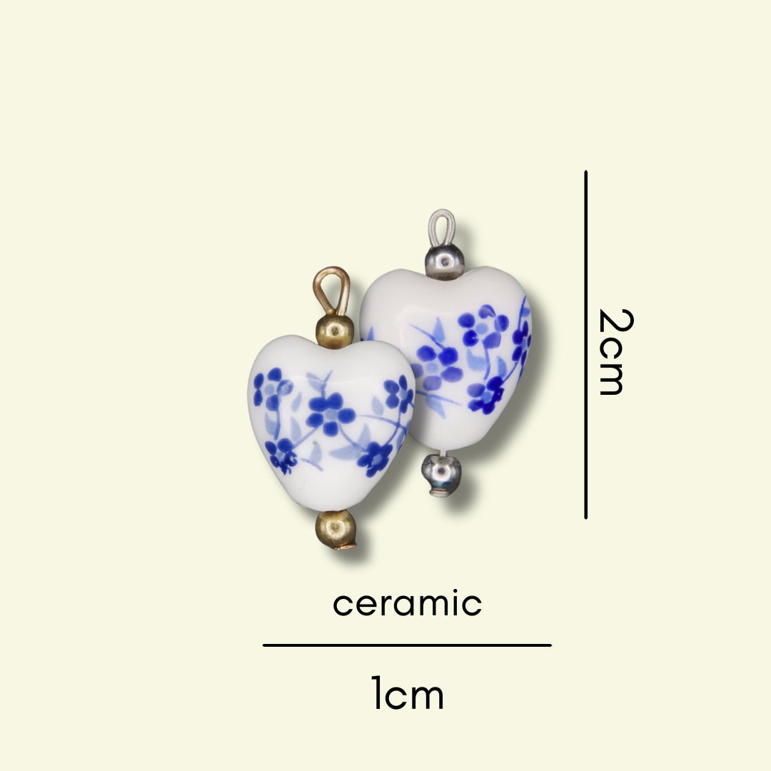 Blue Ceramic Heart Charm (Silver or Gold) compatible with necklaces