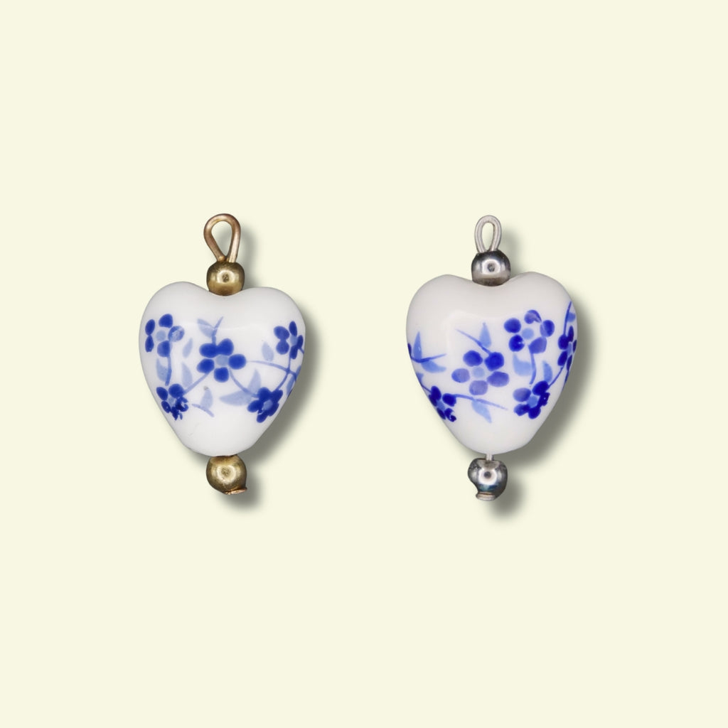 Blue Ceramic Heart Charm (Silver or Gold) compatible with necklaces