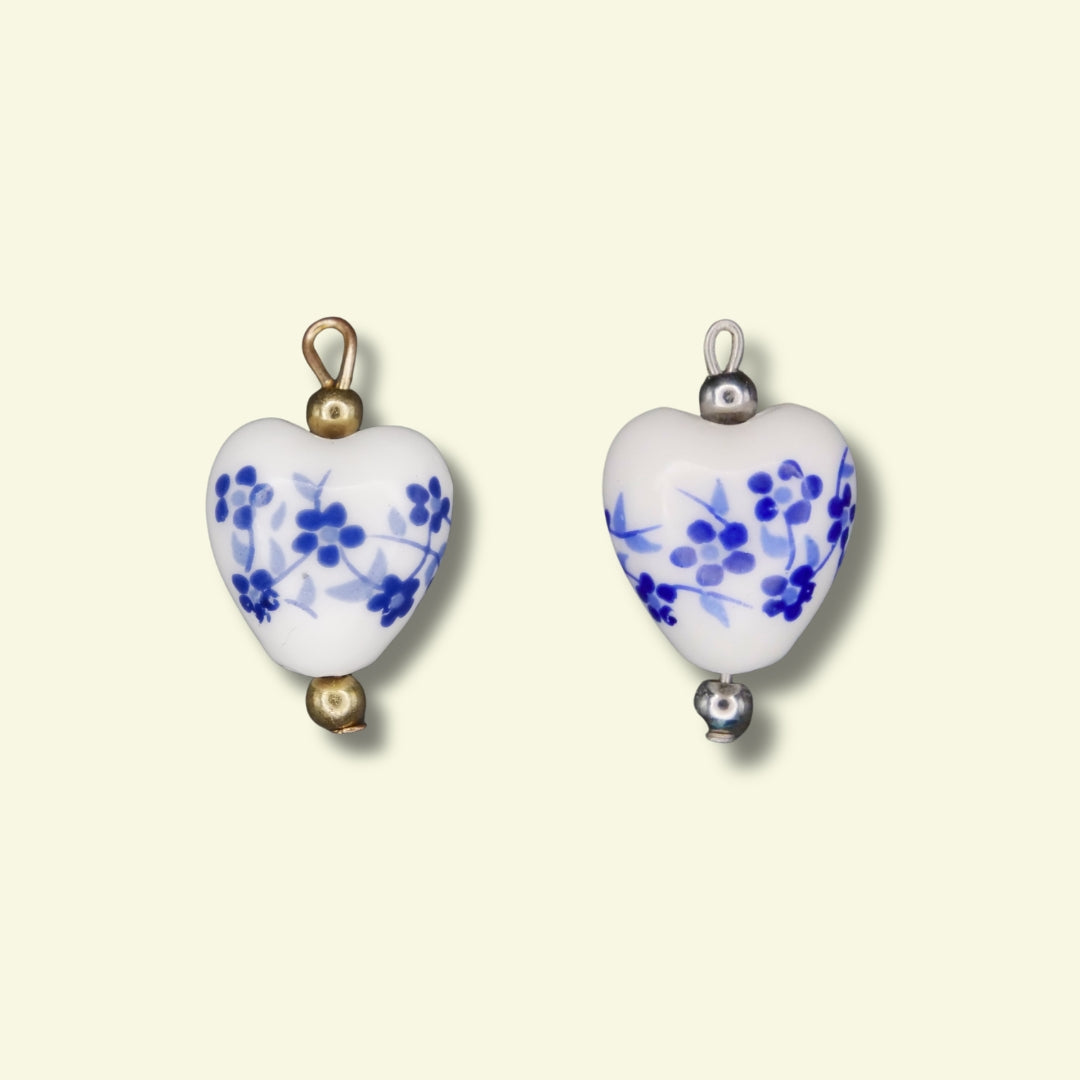 Blue Ceramic Heart Charm (Silver or Gold) compatible with necklaces