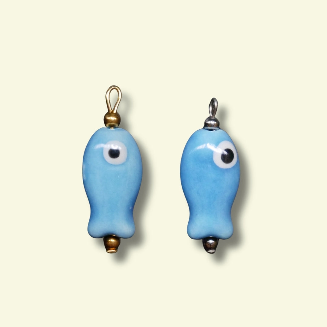 Blue Ceramic Fish Charm (Silver or Gold) compatible with necklaces
