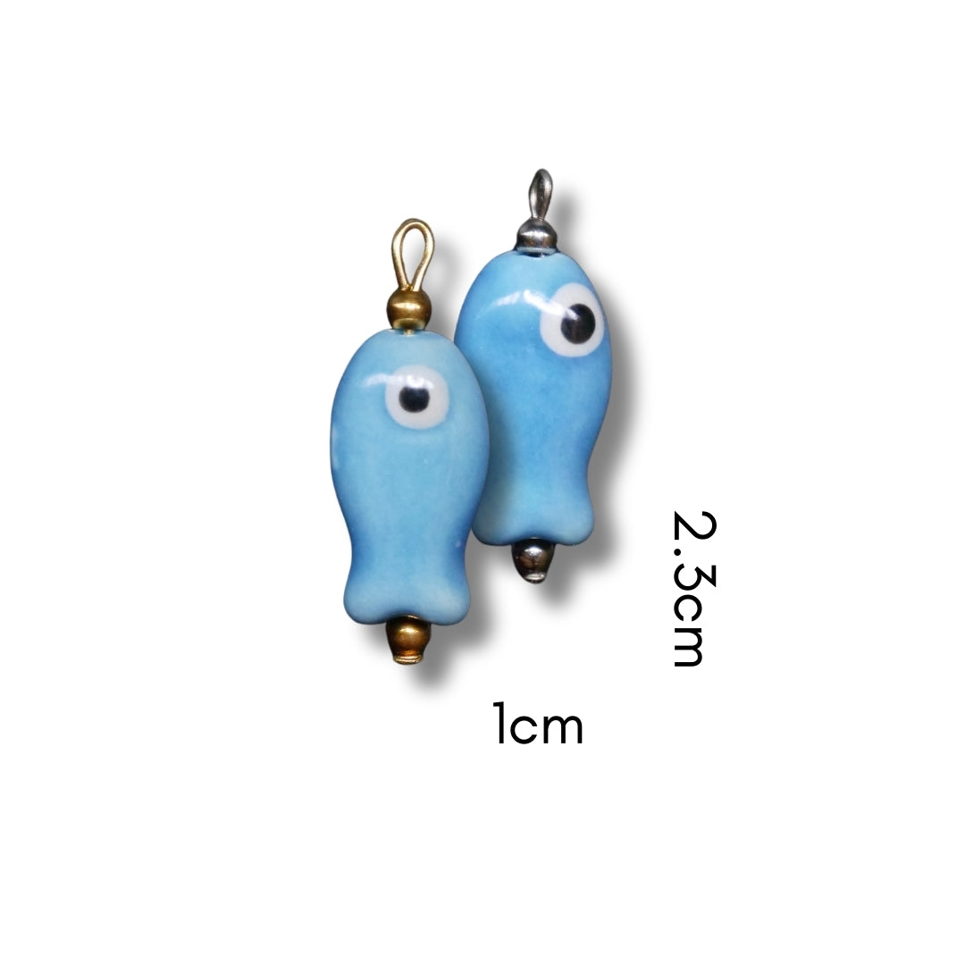 Blue Ceramic Fish Charm (Silver or Gold) compatible with necklaces