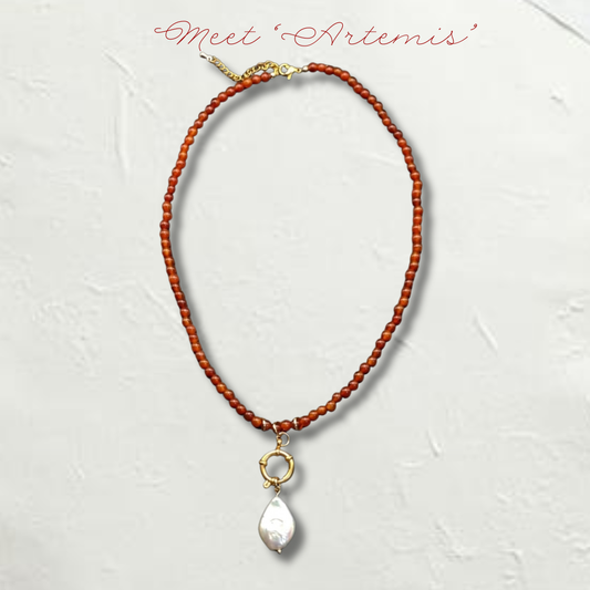 Pearl Necklace with Carnelian Stone and Hoop