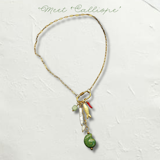 Fish Necklace with Stone, Pearls, Ceramic & Carabiner