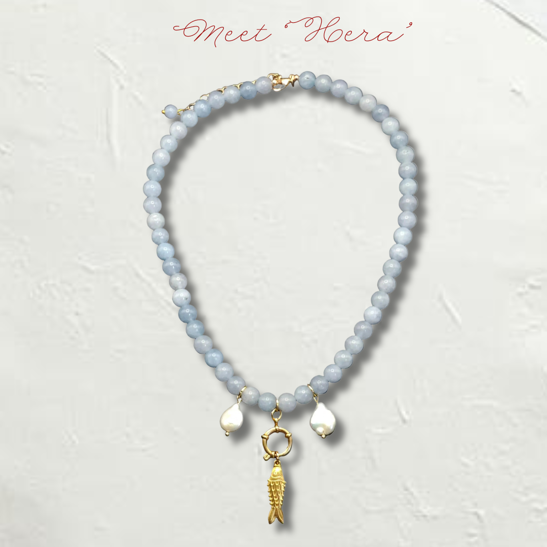 Hera Necklace, Blue Stone Beads with Fish, Pearls & Hoop