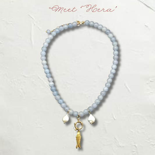 Blue Beaded Fish Necklace with Pearls & Hoop