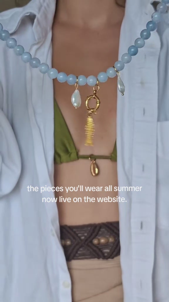 Blue Beaded Fish Necklace with Pearls & Hoop