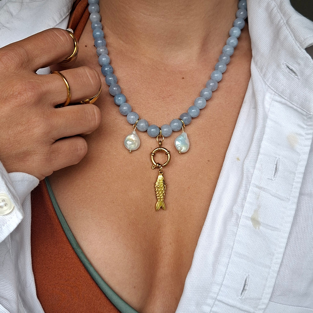 Blue Beaded Fish Necklace with Pearls & Hoop