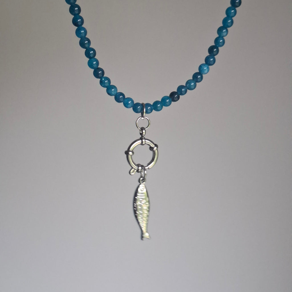 Blue Beaded Fish Necklace with Hoop