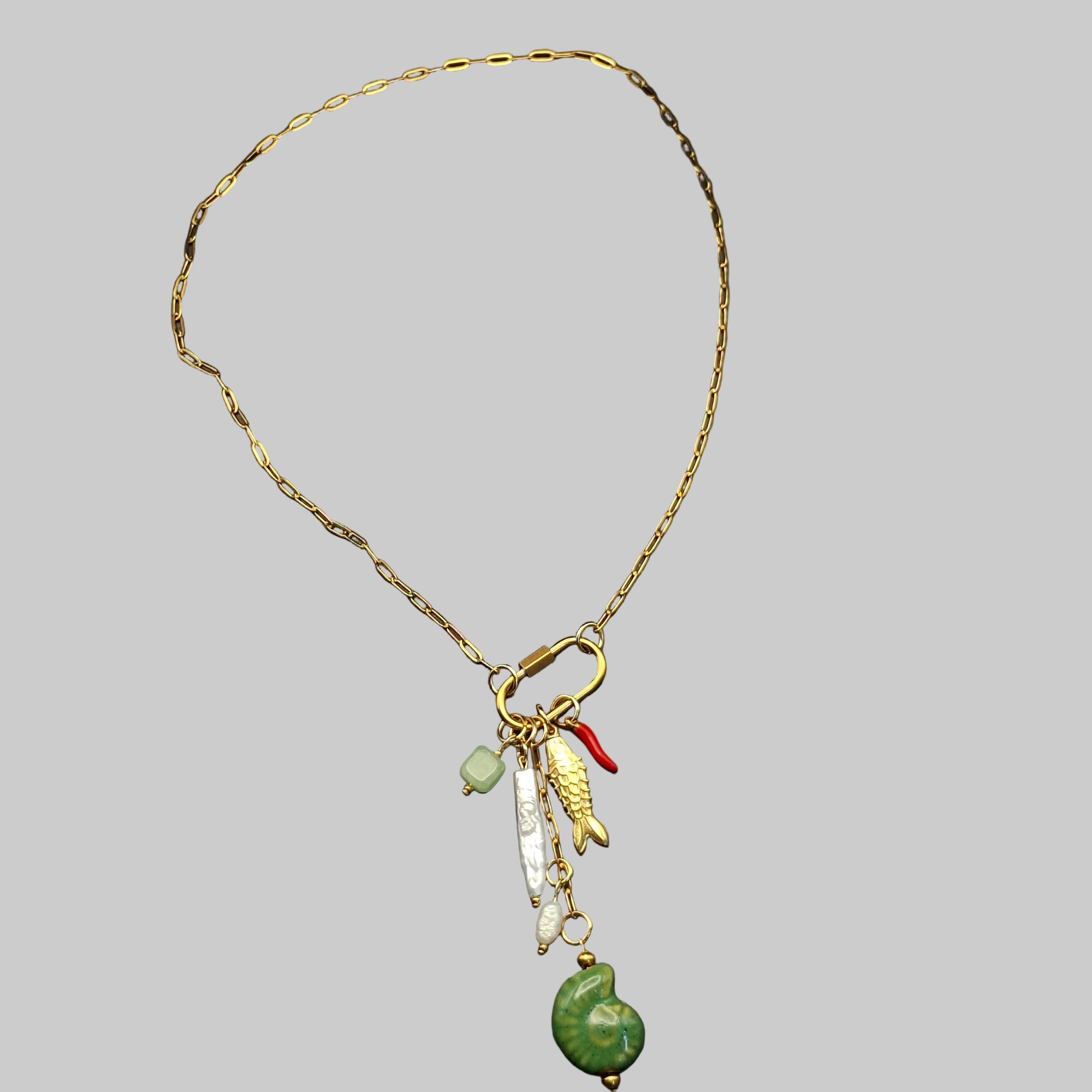 Fish Necklace with Stone, Pearls, Ceramic & Carabiner