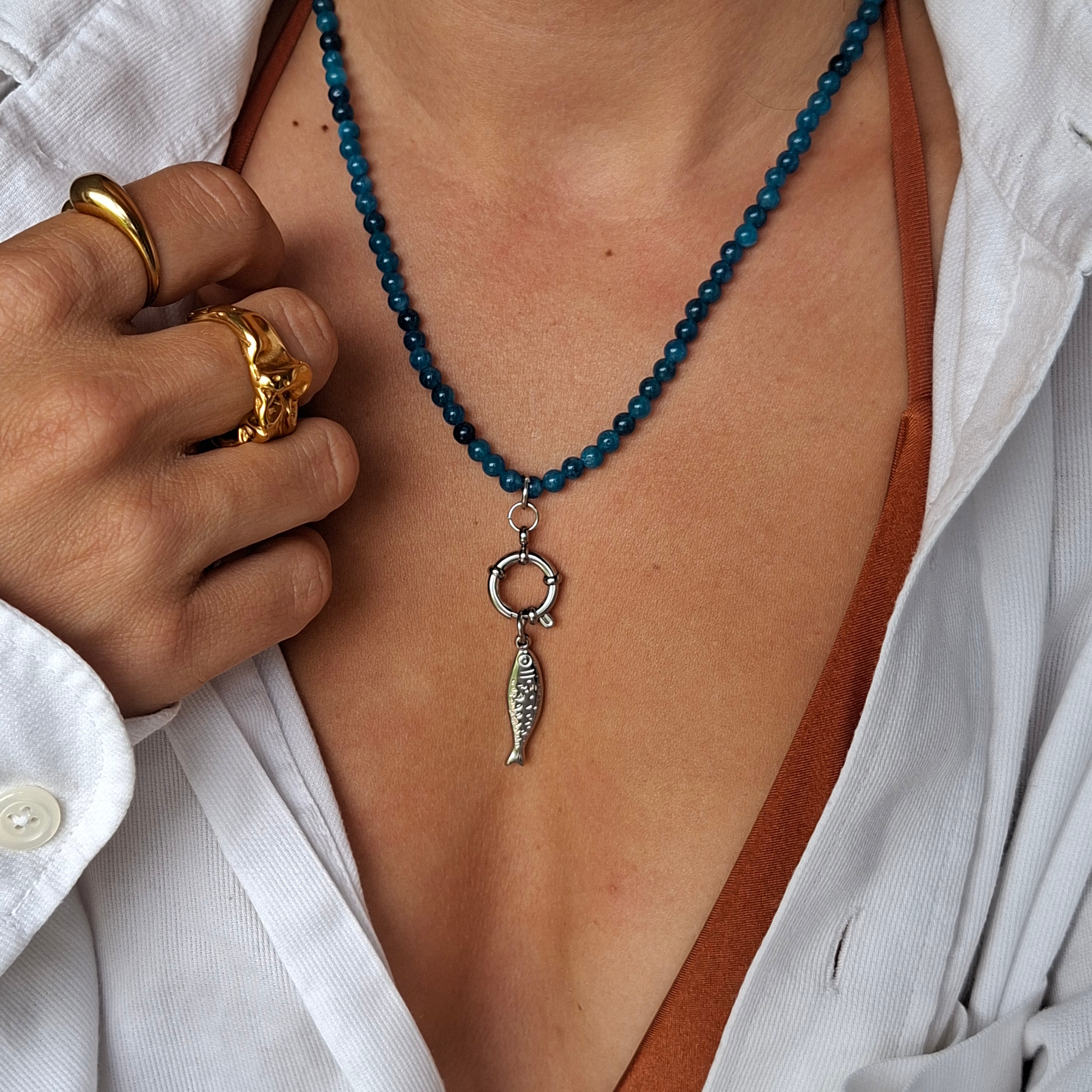 Blue Beaded Fish Necklace with Hoop
