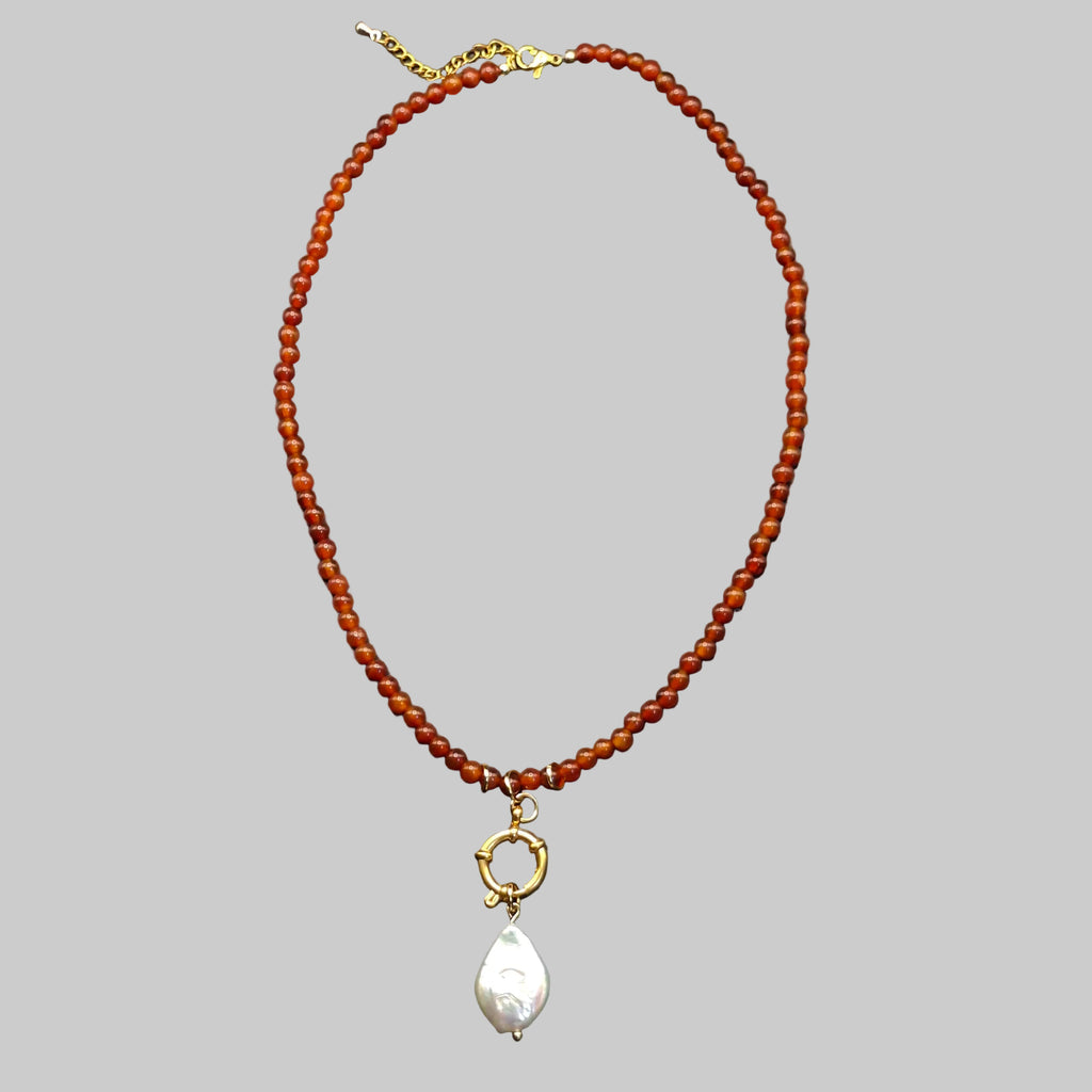 Pearl Necklace with Carnelian Stone and Hoop