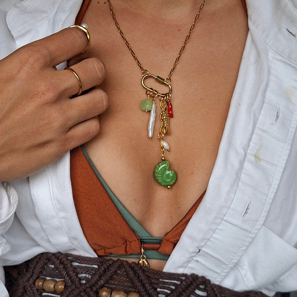 Fish Necklace with Stone, Pearls, Ceramic & Carabiner