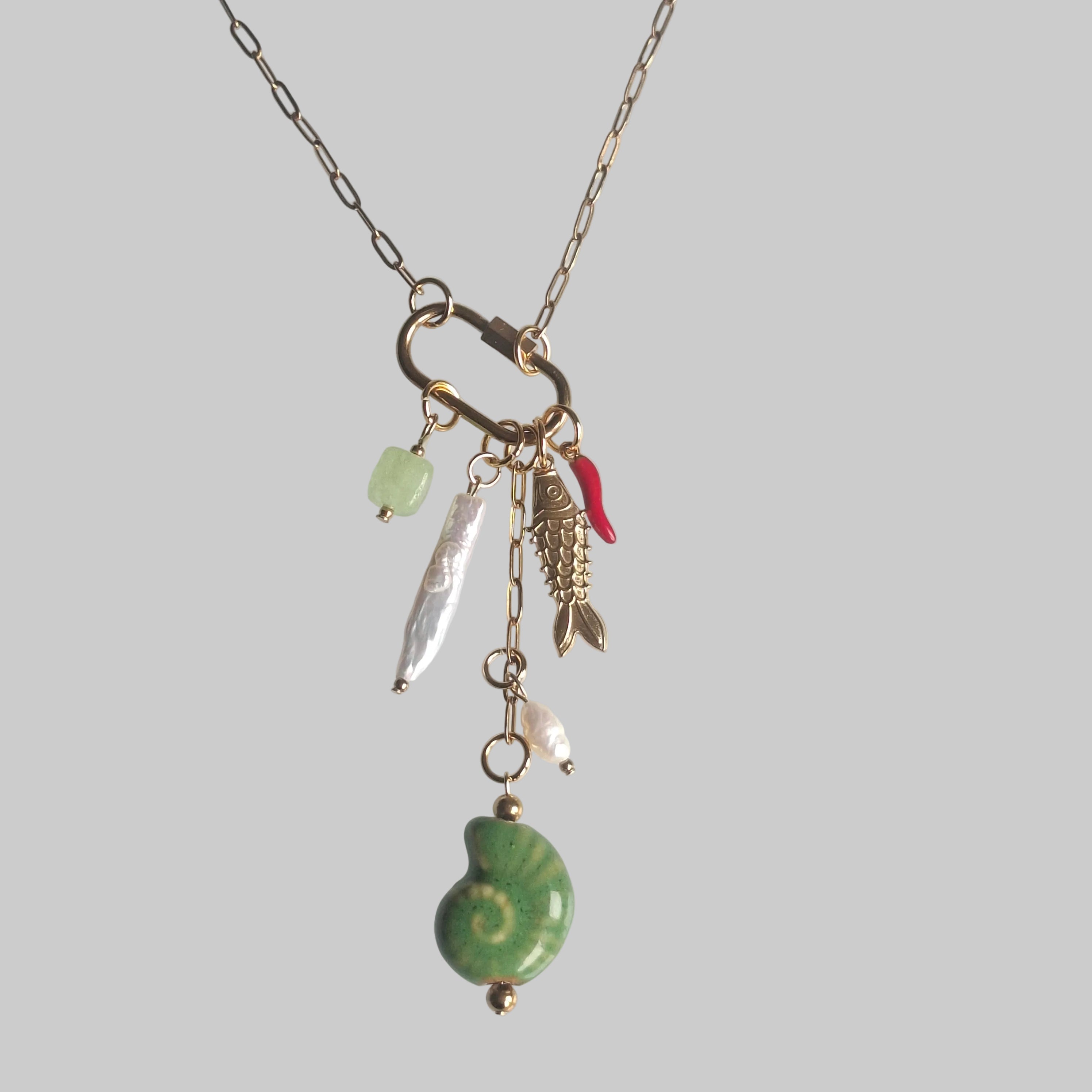 Fish Necklace with Stone, Pearls, Ceramic & Carabiner