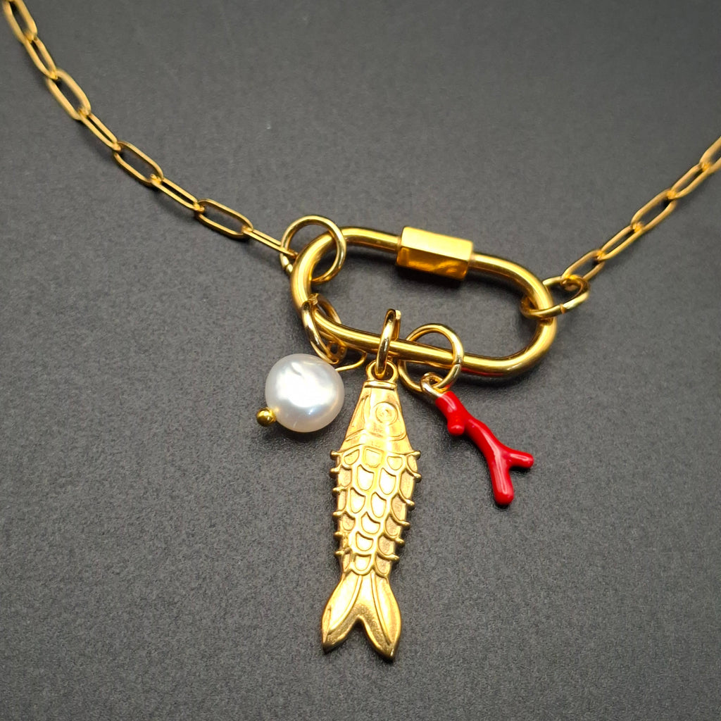 Fish Necklace with Coral, Pearl & Carabiner