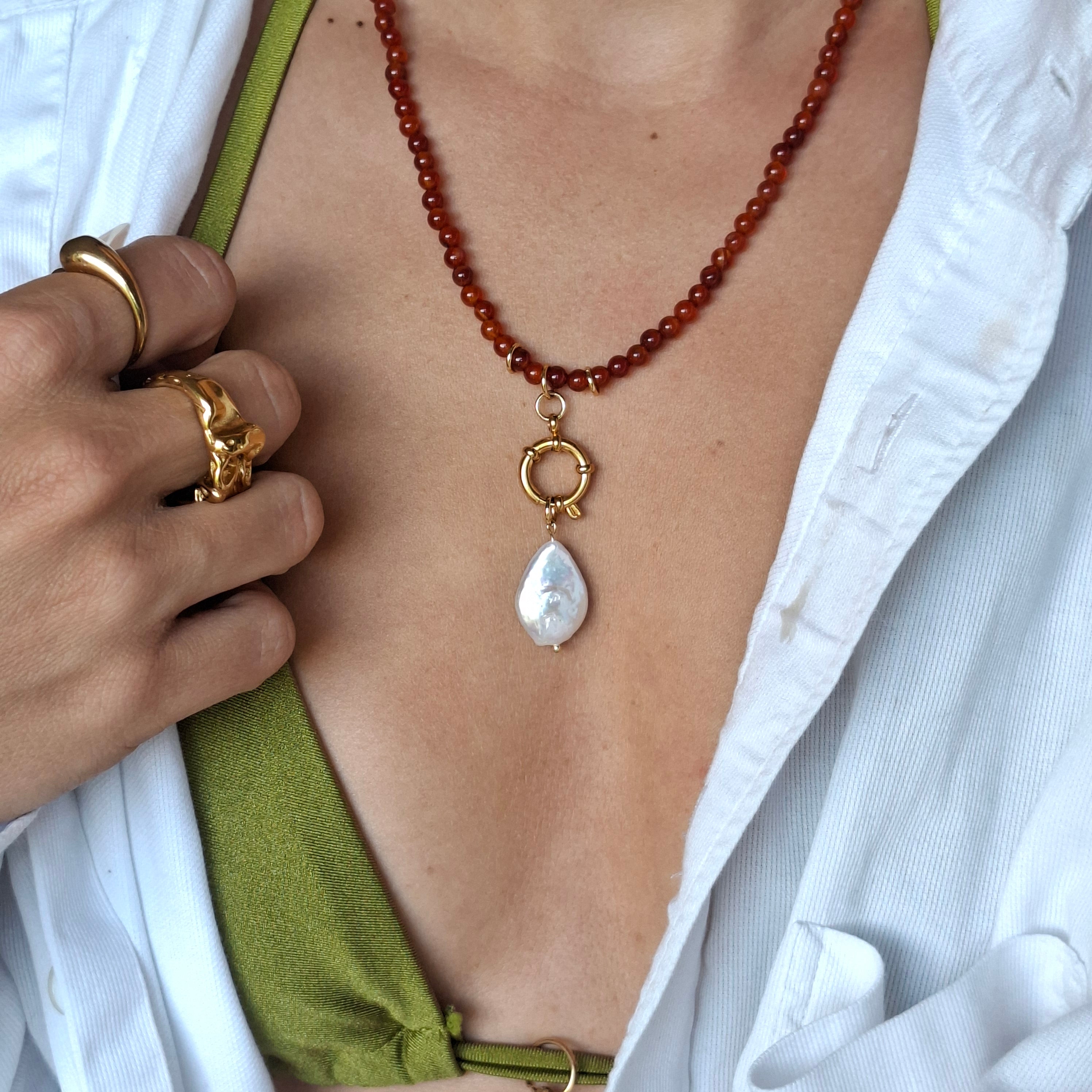 Pearl Necklace with Carnelian Stone and Hoop