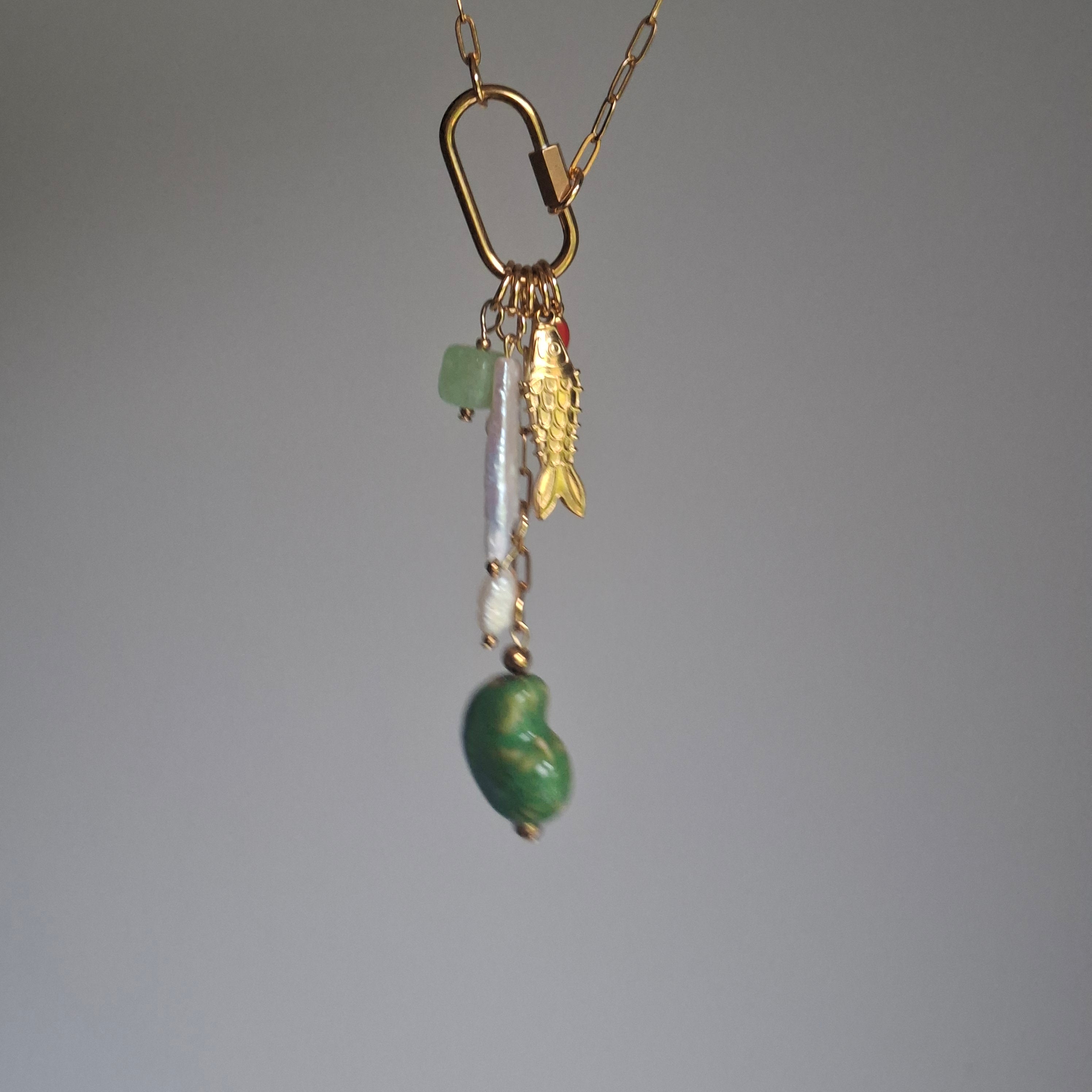 Fish Necklace with Stone, Pearls, Ceramic & Carabiner