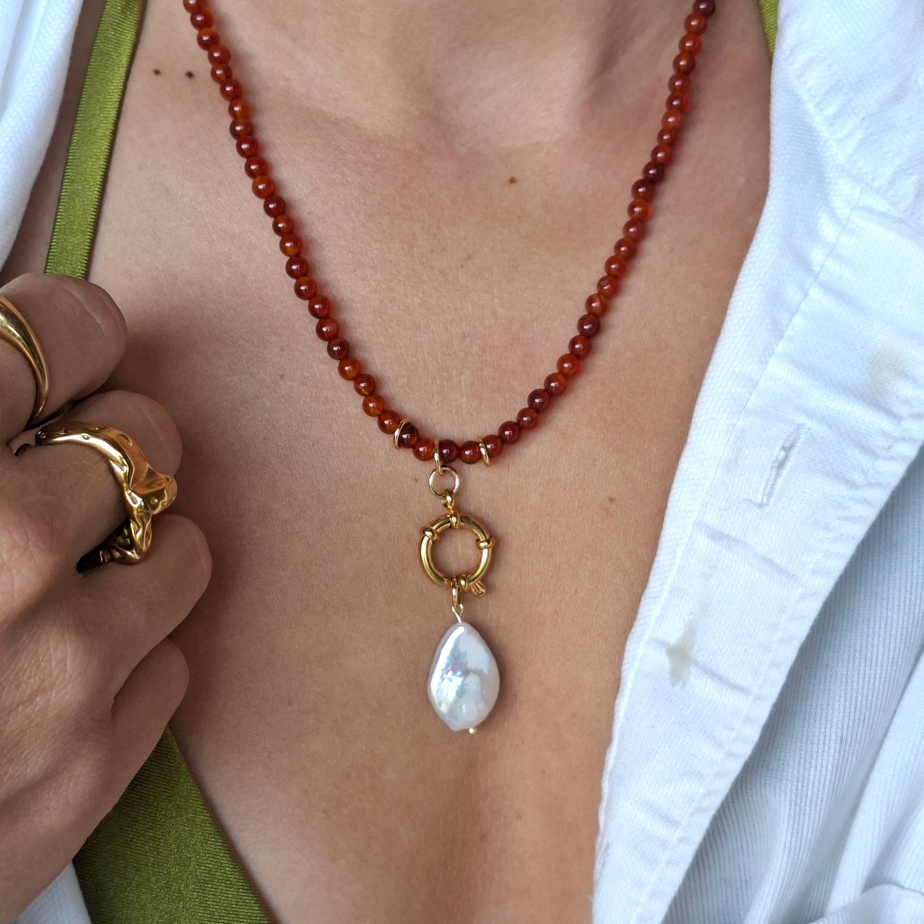 Pearl Necklace with Carnelian Stone and Hoop