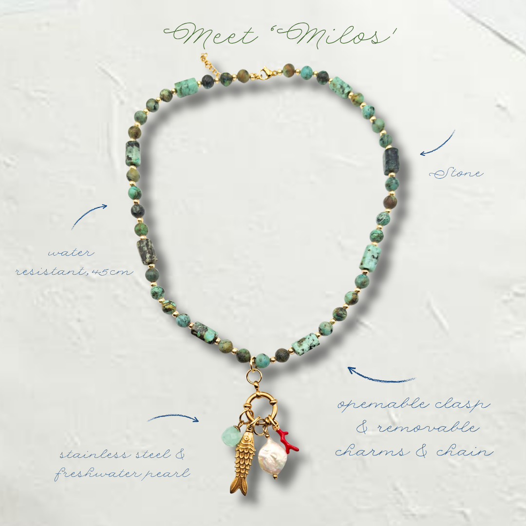 Milos Carabiner Necklace with, Fish, Coral, Pearl, Stone | Limited Collection