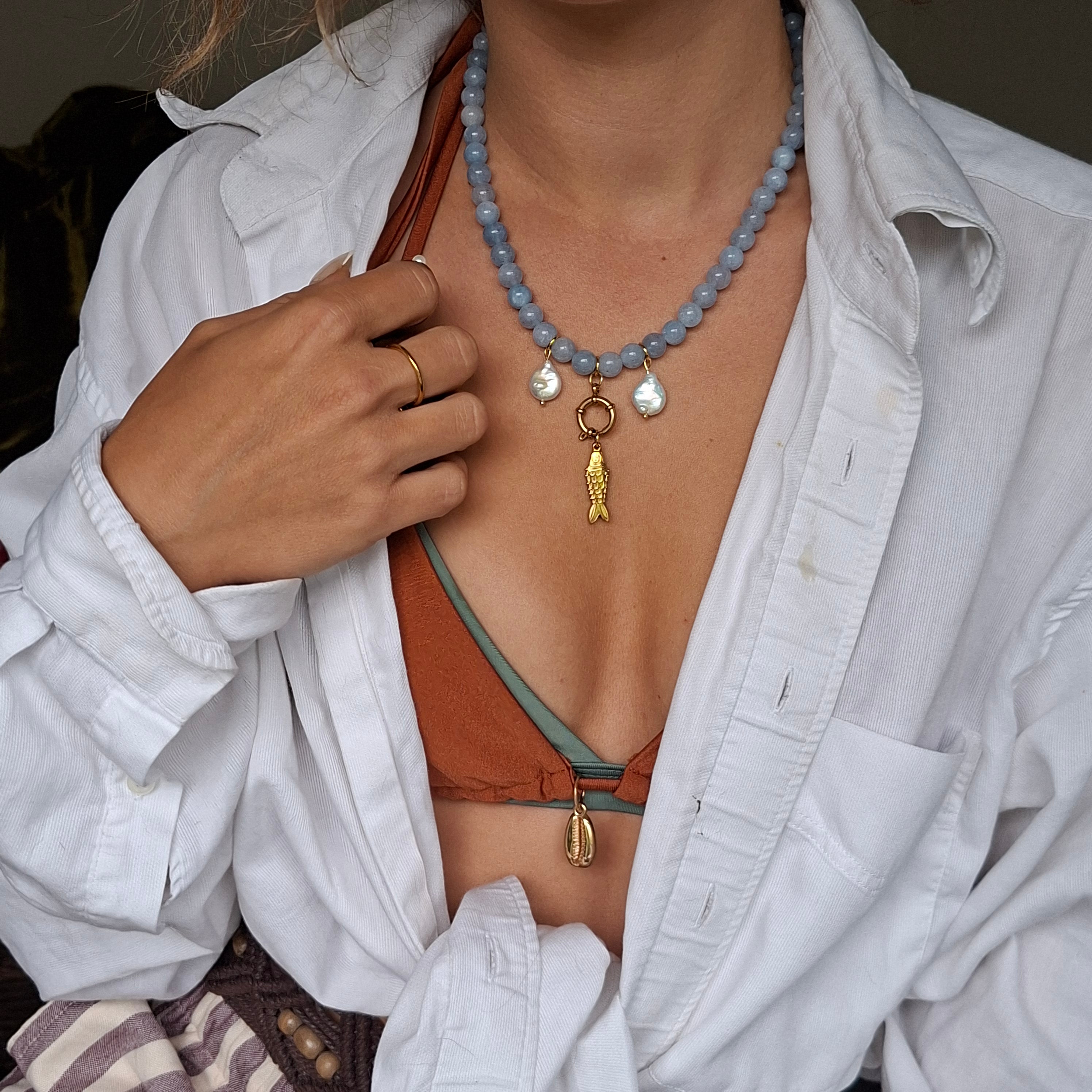 Blue Beaded Fish Necklace with Pearls & Hoop