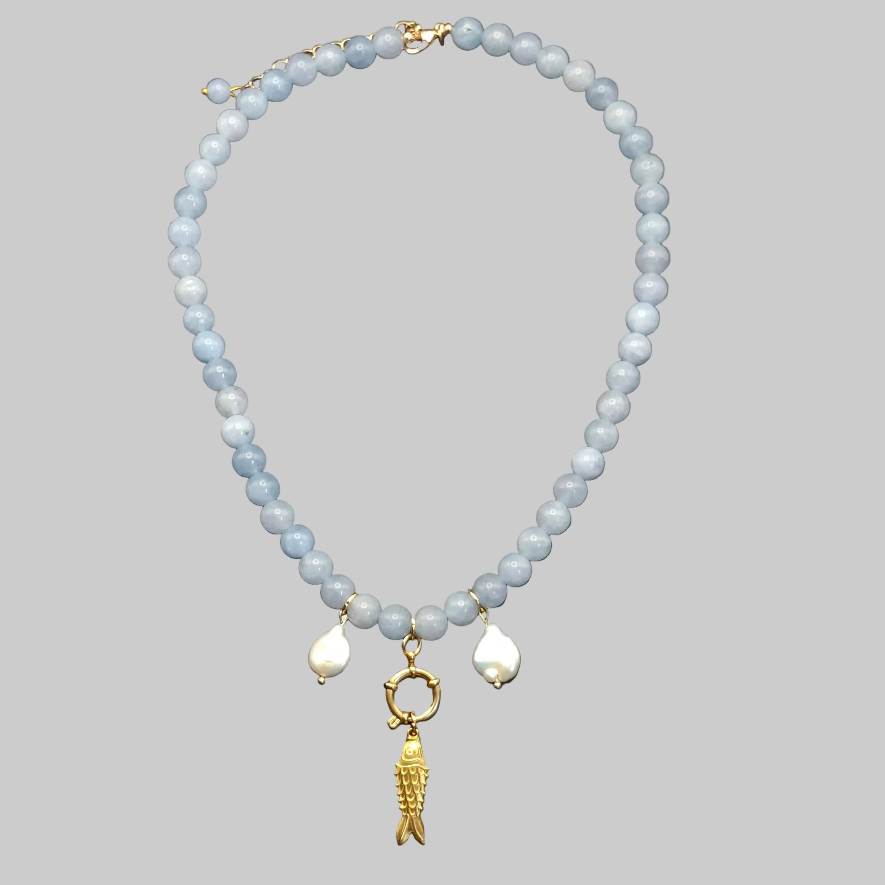 Blue Beaded Fish Necklace with Pearls & Hoop