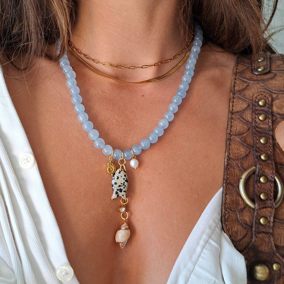 Santorini Necklace with, Fish, Shell, Conch, Pearl, Blue Stone | Limited Collection