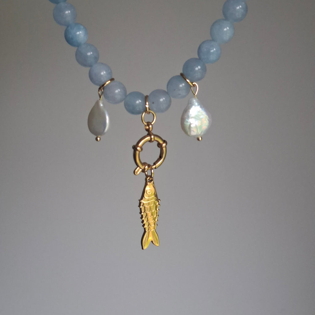Blue Beaded Fish Necklace with Pearls & Hoop