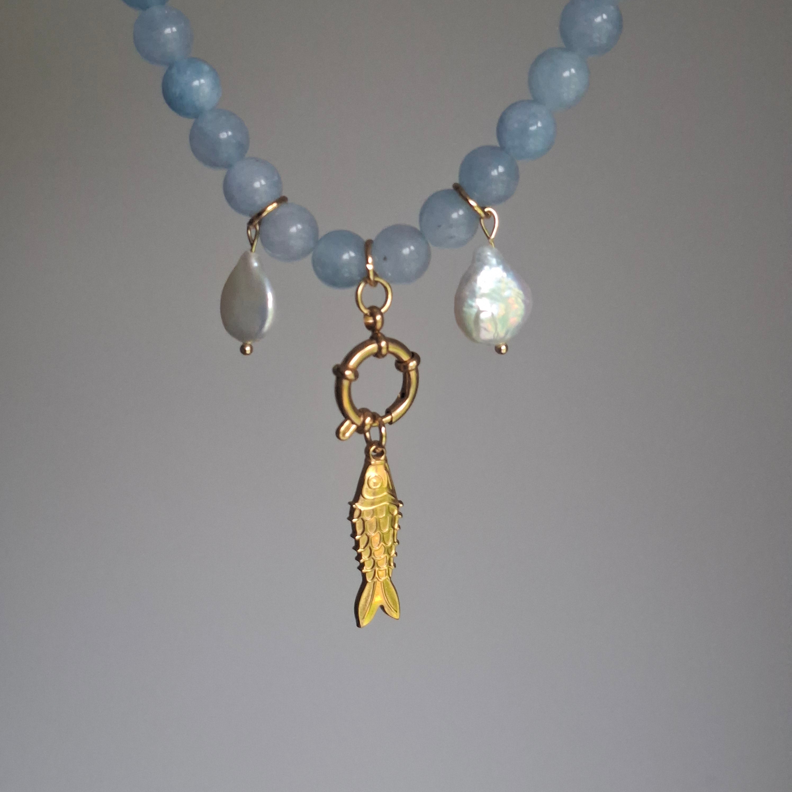 Blue Beaded Fish Necklace with Pearls & Hoop