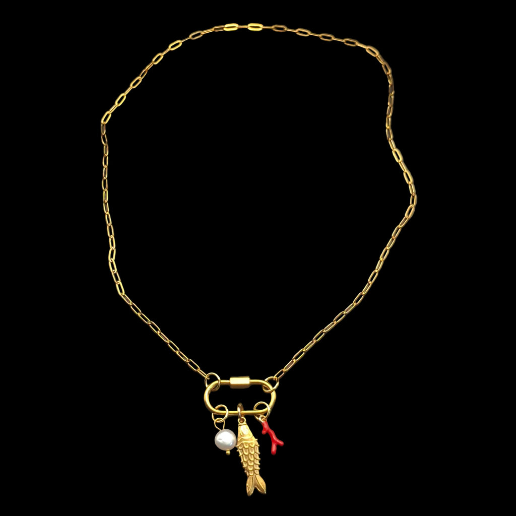 Fish Necklace with Coral, Pearl & Carabiner