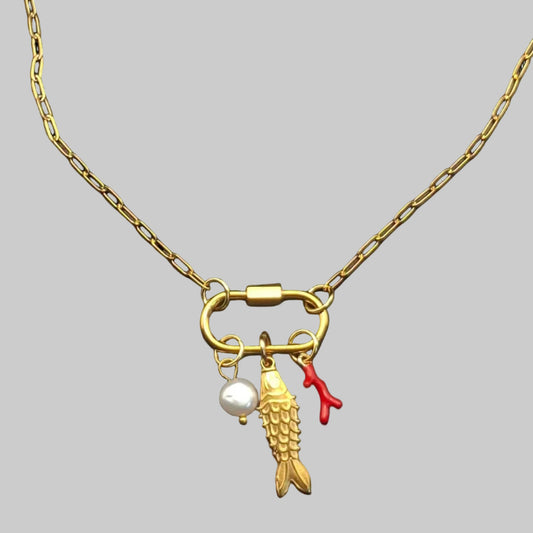 Fish Necklace with Coral, Pearl & Carabiner