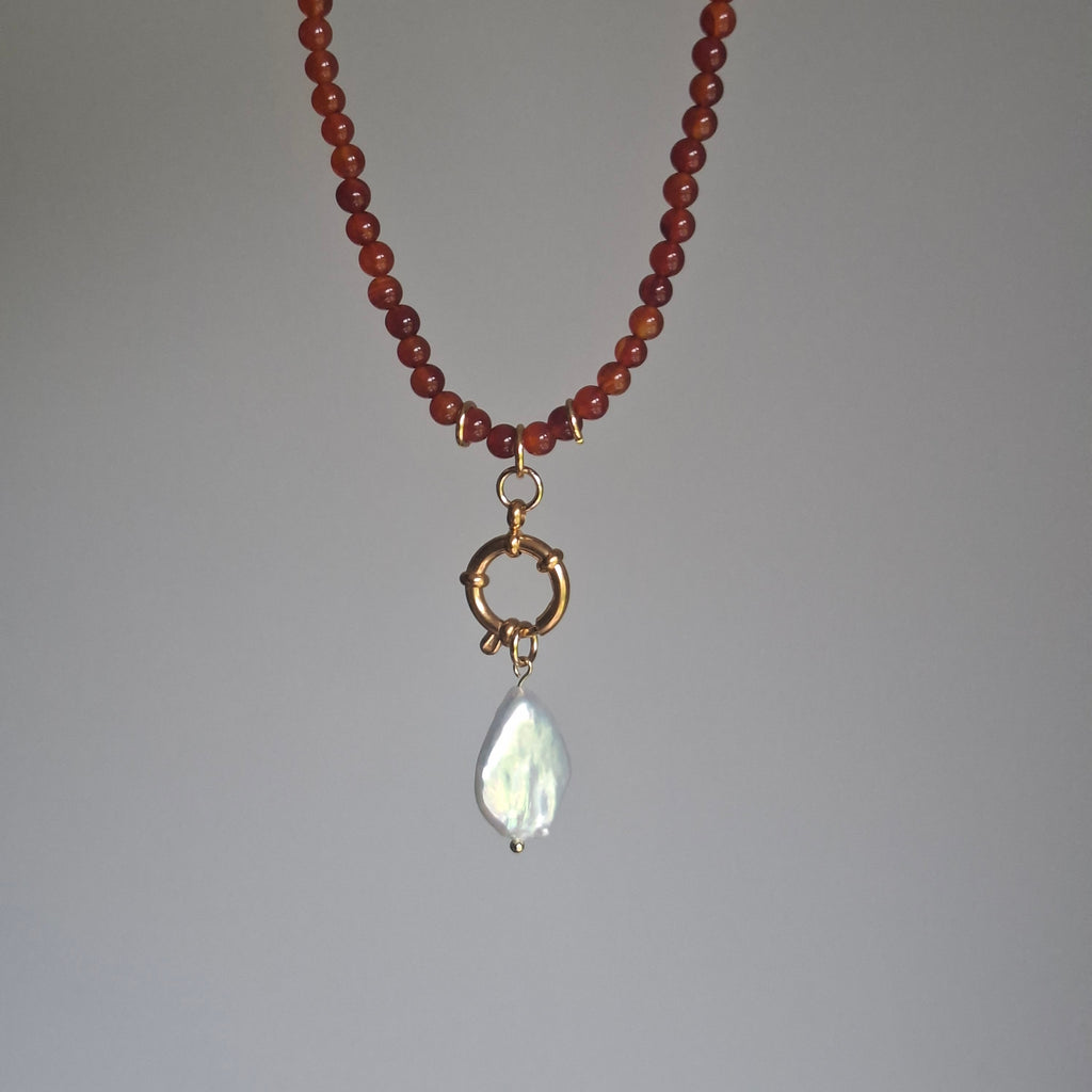 Pearl Necklace with Carnelian Stone and Hoop