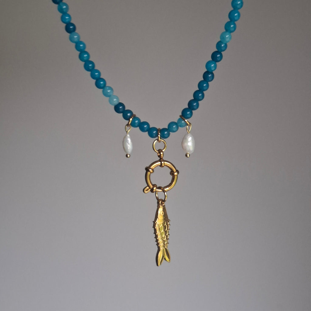 Fish Necklace with Stone, Pearls & Hoop