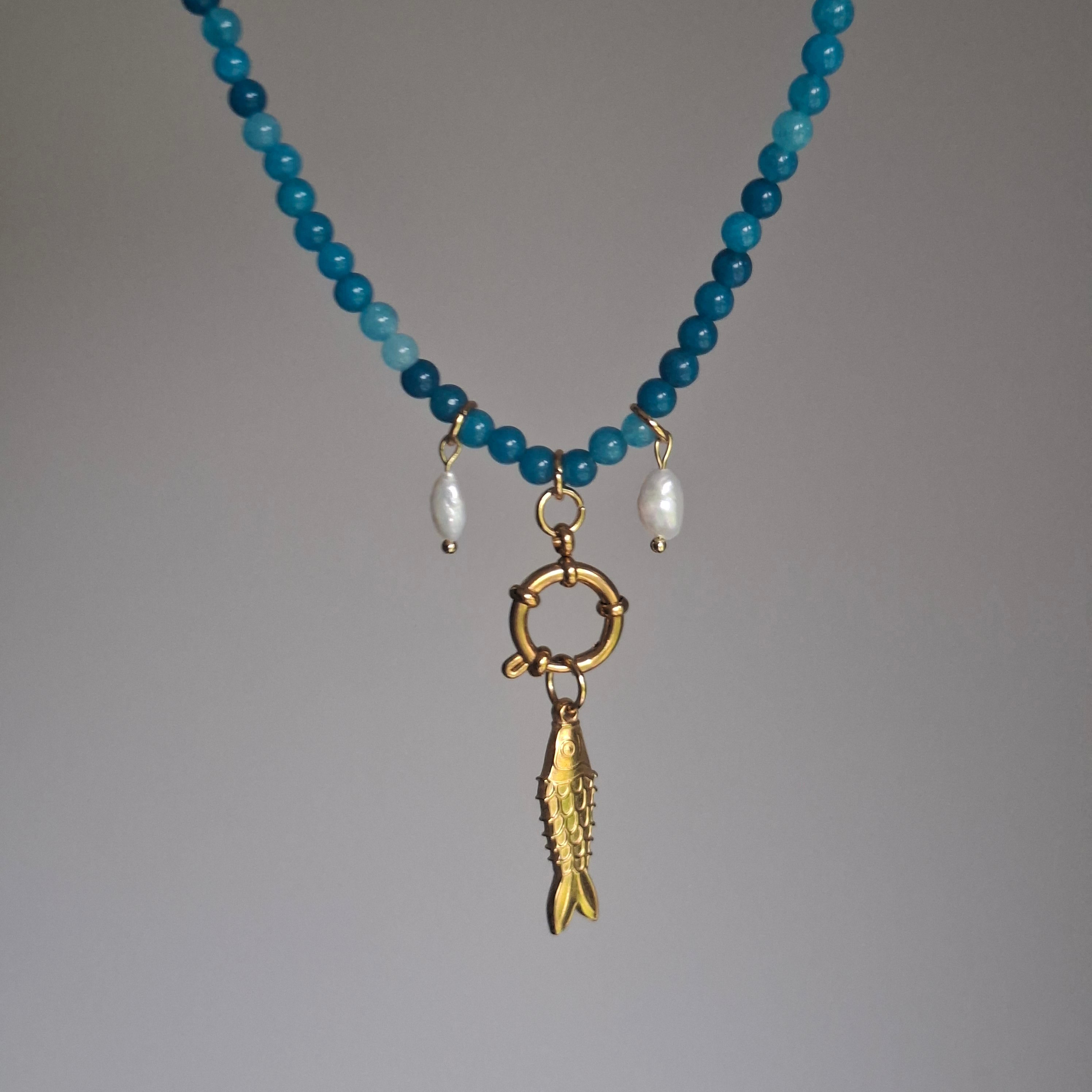 Fish Necklace with Stone, Pearls & Hoop