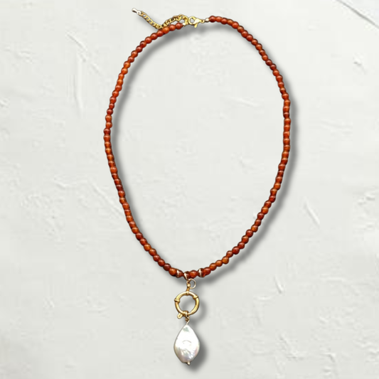 Artemis Necklace with Carnelian Stone, Pearl and Hoop