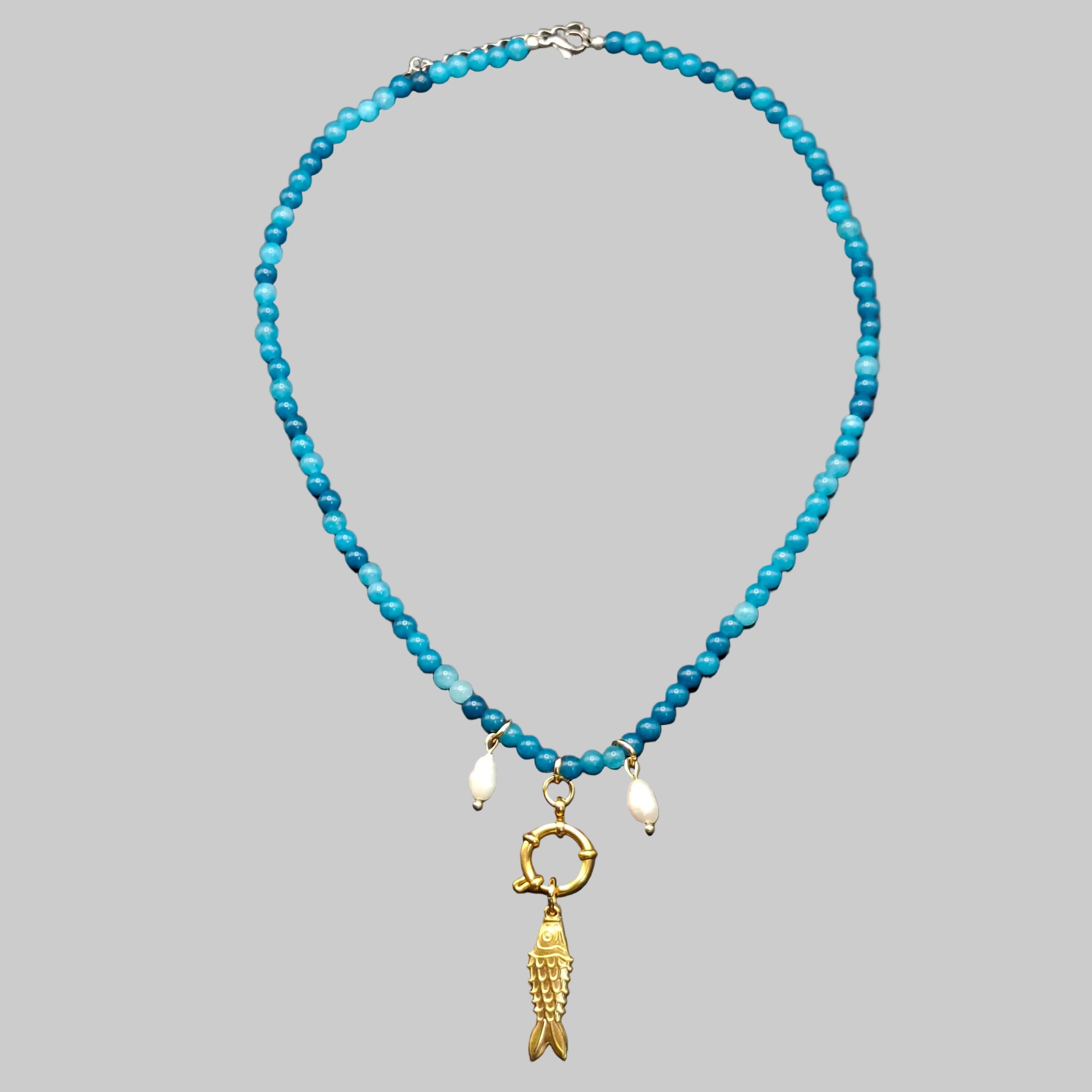 Fish Necklace with Stone, Pearls & Hoop